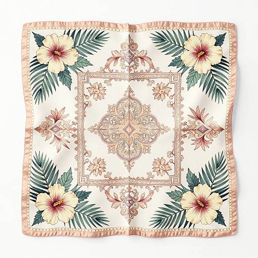 Decorative square pillow featuring intricate floral patterns, large yellow hibiscus flowers, and green palm leaves on a white background.