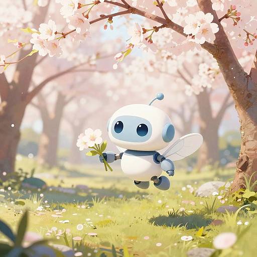 Cute, white, robotic fairy-like creature with blue eyes and antennae, holding a white flower, flying under cherry blossom trees in a sunlit
