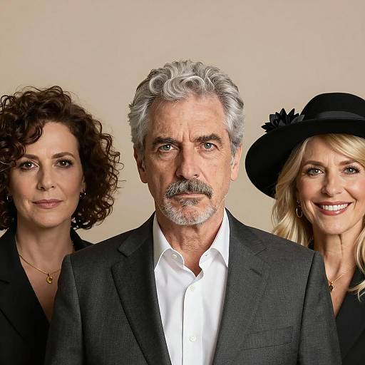 Photograph of three middle-aged adults: a gray-haired, bearded man in a black suit and white shirt, flanked by a curly-haired woman