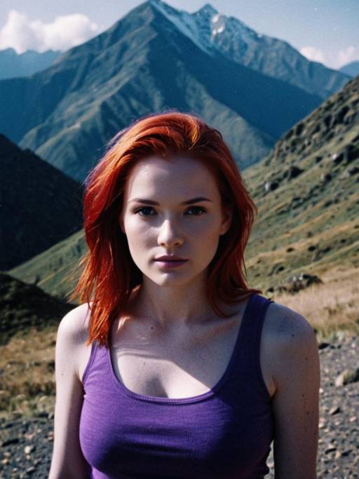Red-Haired Woman in Purple Top with Mountain Background