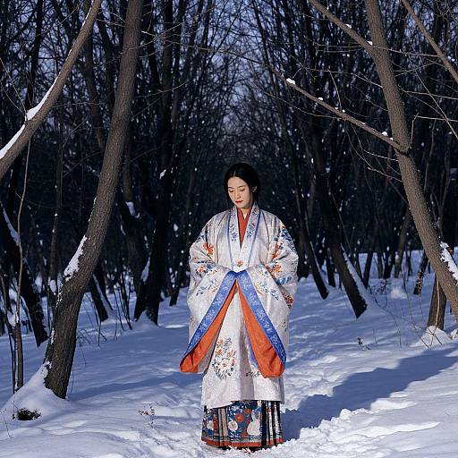 Photograph of an Asian woman in a white floral kimono with orange and blue accents, standing in a snowy forest, surrounded by bare trees.