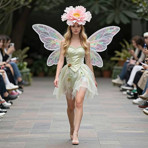 Photograph of a blonde fairy model with translucent wings, pink flower headpiece, green strapless dress, and white sandals, walking a runway.