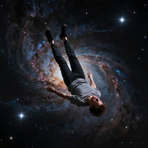 Photograph of a man in a grey shirt and black pants floating upside down amidst a vibrant, swirling galaxy with stars.
