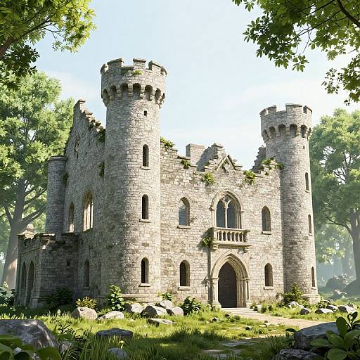 Photorealistic digital artwork of a medieval stone castle with two round towers, arched windows, and ivy-covered walls, nestled in a lush,