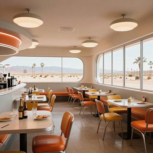 Photograph of a retro-style diner with orange leather chairs, white tables, large windows showing a sunny desert landscape, and overhead round lights.