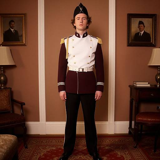 Photograph of a young man in a military uniform with black pants, white vest, gold epaulets, black hat, standing in a brown