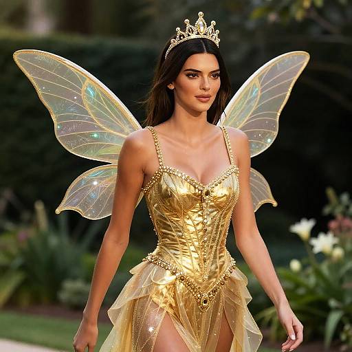 Photograph of a brunette woman with a golden fairy dress, transparent wings, and a tiara, walking outdoors, exuding a fairy princess vibe.