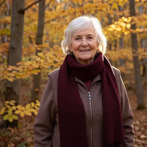 Photograph of an elderly woman with white hair, smiling, wearing a brown jacket and dark scarf, standing in an autumn forest with golden leaves.