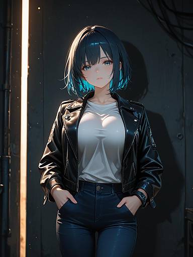 Digital anime-style drawing of a blue-haired woman with large breasts, wearing a black leather jacket, white shirt, and black jeans, standing in a dim