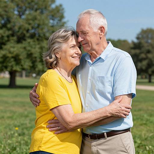 Photograph of an elderly white couple embracing outdoors, the woman in a yellow shirt and the man in a light blue shirt, both smiling. Background: