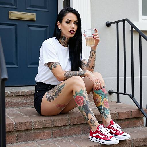 Tattooed woman with black hair, red lipstick, white t-shirt, black shorts, red sneakers, holding drink, sitting on brick steps,
