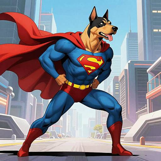 Superman Pose Dog in Futuristic City