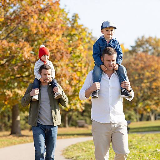 Photograph of two adult men carrying young boys on their shoulders in a sunlit autumn park with orange-leaved trees.