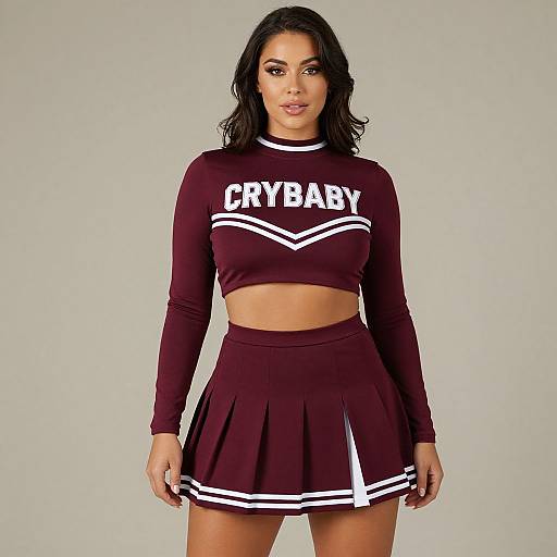 Photograph of a dark-haired woman in a maroon crop top and pleated skirt with 
