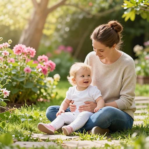 Photograph of a smiling woman with brown hair in a bun, wearing a beige sweater and blue jeans, sitting on grass, holding a happy baby in