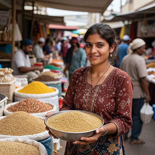 Joyful Woman in Vibrant Marketplace