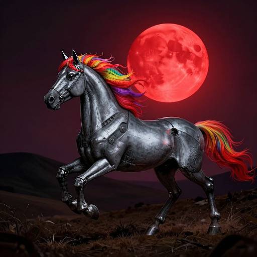 Photograph of a metallic, rainbow-maned horse galloping against a dark sky with a vivid red full moon. The horse's futuristic armor contrasts