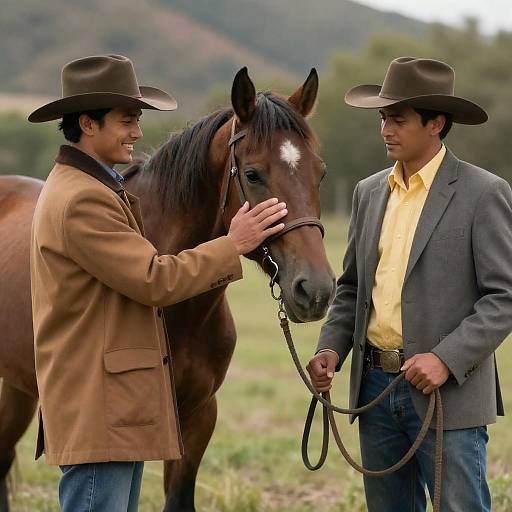 Two Cowboys Smiling Beside Brown Horse