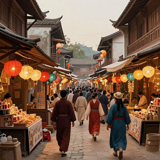Photograph of a bustling, narrow Asian street market at dusk, with colorful lanterns, traditional wooden buildings, and people in kimonos walking.