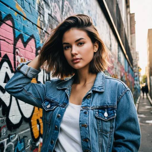 Young woman with hard part hairstyle in denim jacket by graffiti wall