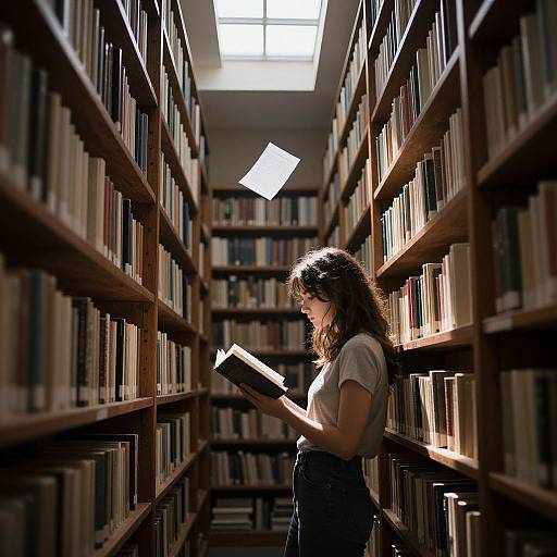 Woman Reading in Sunlit Library Aisle