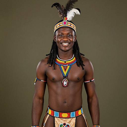 Photograph of a smiling, dark-skinned, muscular man with dreadlocks, wearing traditional African attire, colorful beaded necklace, and headband with