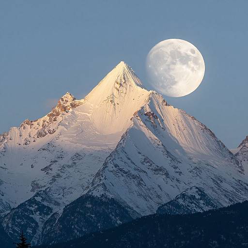 Photograph of a snow-capped mountain peak illuminated by a full, bright moon in a clear, blue sky. Moonlight highlights the mountain's jag