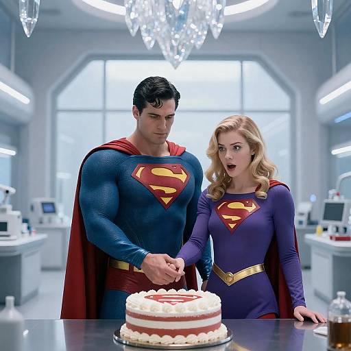 Superman and Supergirl Celebrating with Cake in Futuristic Lab