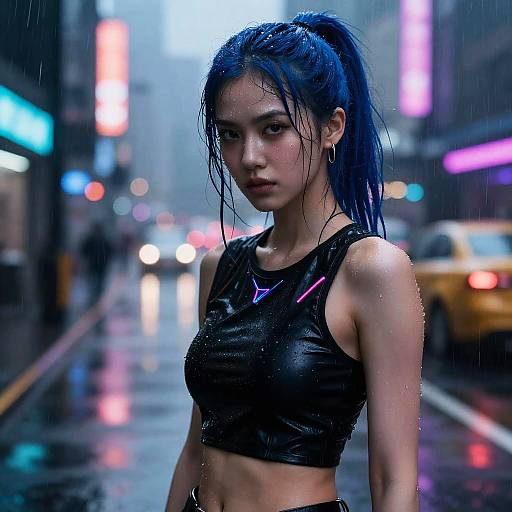 Digital art of a wet, blue-haired Asian woman in a black, neon-striped crop top standing on a rainy, neon-lit city street. Bright