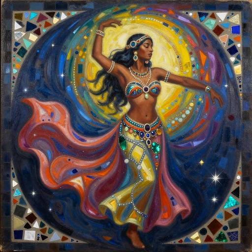 Vibrant digital painting of a dancing dark-skinned woman in colorful harem attire, adorned with jewels, set against a swirling cosmic background with star