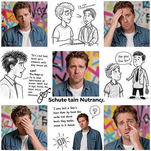 Photograph collage of a man with curly brown hair in a denim shirt, featuring black-and-white comic-style sketches and colorful graffiti background, labeled 
