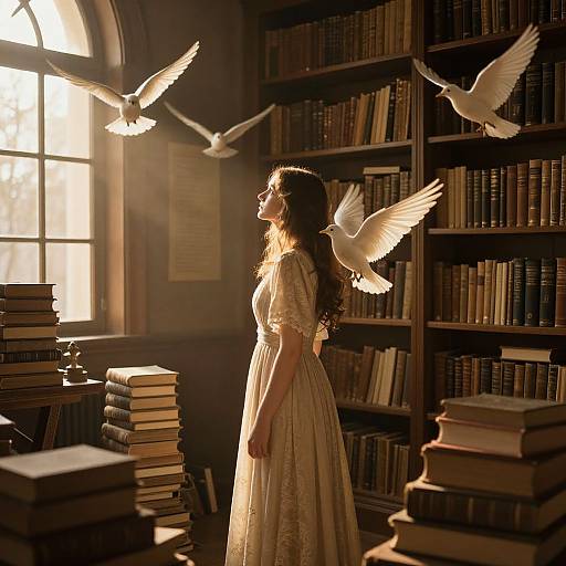 Photograph of a long-haired woman in a white, lace dress, standing in a sunlit library with two white doves flying. Stacks of