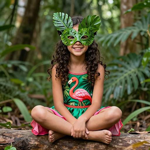 Photograph of a smiling young girl with curly black hair, wearing a green leaf mask, green dress with flamingo, sitting cross-legged on log in