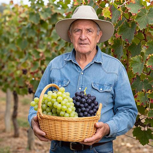 Photograph of an elderly white man with grey hair, wearing a white hat and blue denim shirt, holding a wicker basket filled with green grapes and