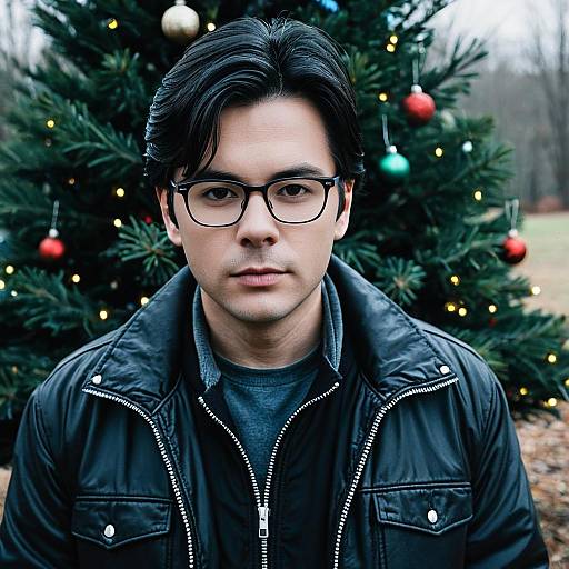 Young Man in Black Jacket with Glasses by Christmas Tree