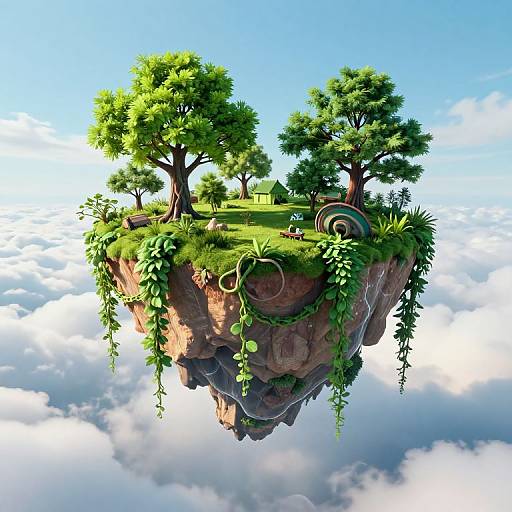 Digital artwork of a floating, grassy island with lush trees, a small house, and colorful rings, suspended above fluffy clouds.