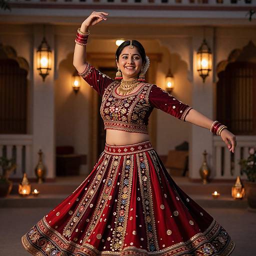 Photograph of a smiling South Asian woman in a traditional red and gold lehenga, dancing in a warmly lit, ornate courtyard.