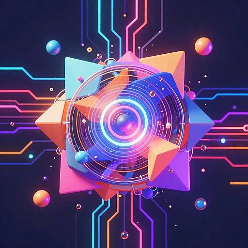 Digital art: Vibrant neon colors, glowing blue and pink concentric circles, surrounded by multicolored squares, and floating orbs on a dark,