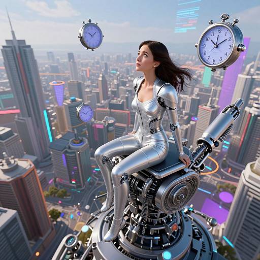 CGI image of a futuristic woman with metallic silver suit and robotic arms, sitting on a clockwork device above a neon-lit cityscape, with
