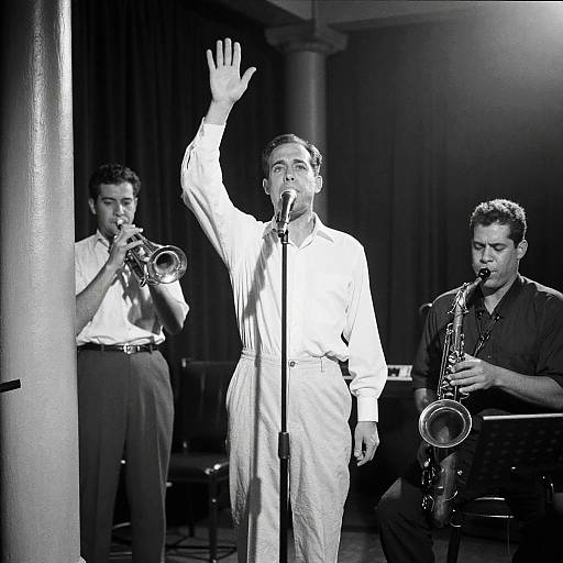 Black-and-white photograph of a male jazz trio: lead singer in white suit raising hand, trumpet player on left, saxophonist on right.