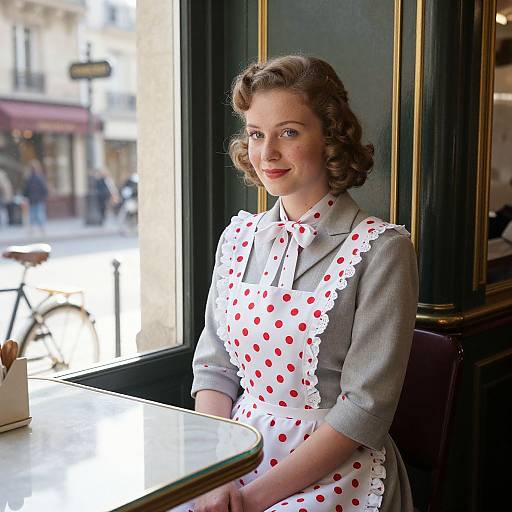 Vintage-style photograph of a smiling woman with curly brown hair, wearing a grey blouse and white polka dot apron, seated by a window in a
