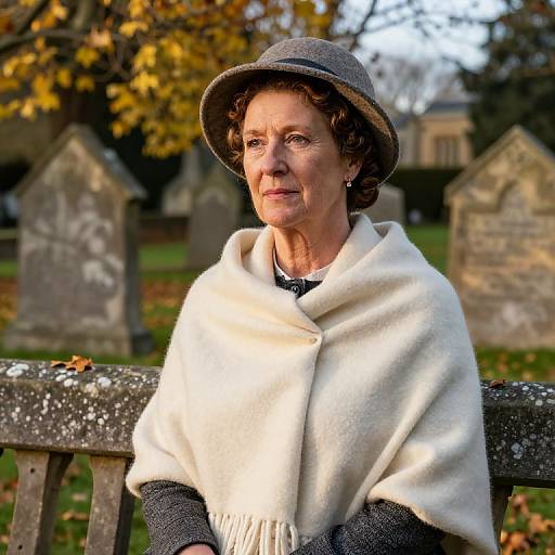 Photograph of an elderly woman with curly brown hair, wearing a gray hat and white woolen shawl, seated on a bench in a sunlit