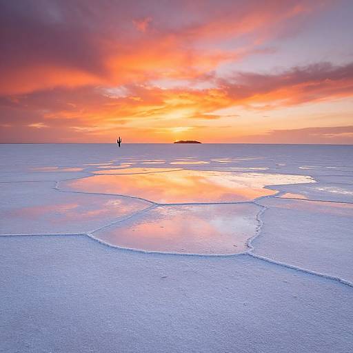 Photograph of a serene, icy landscape at sunset, featuring a vibrant orange and pink sky, reflecting on cracked ice, with distant silhouetted