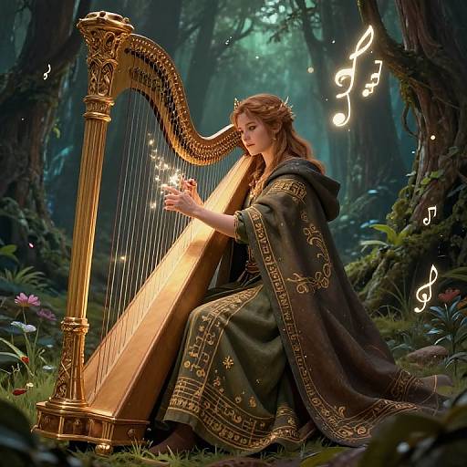 Fantasy forest scene: Elven woman with wavy brown hair, wearing ornate dark green robe, plays golden harp, surrounded by musical notes