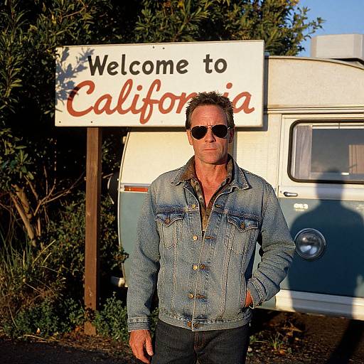 Photograph of a middle-aged man with short, dark hair, wearing sunglasses, a blue denim jacket, and dark jeans, standing in front of a