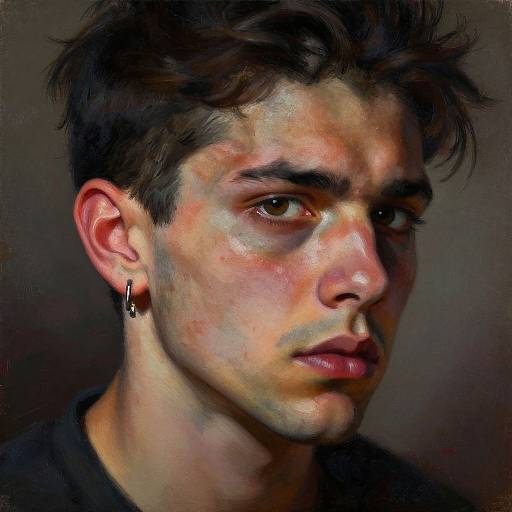 Digital portrait of a pensive young man with short, dark brown hair, brown eyes, slight freckles, and a black earring, set