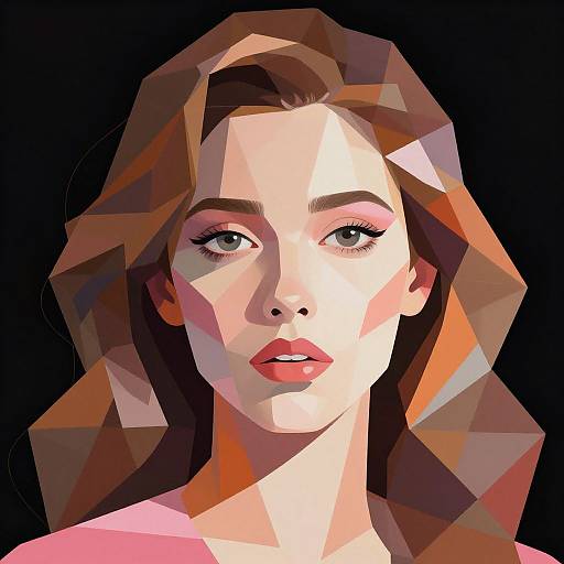 Digital portrait of a fair-skinned woman with red lips, blue eyes, and brown, geometrically styled hair against a black background.