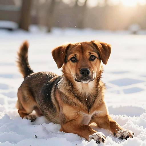 Brown and Black Dog Lying in Snow