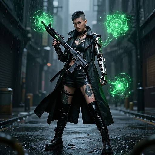 Cyberpunk Sorceress in Futuristic Battle