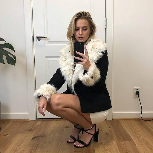 Blonde Woman Taking Mirror Selfie in Fur-Trimmed Coat